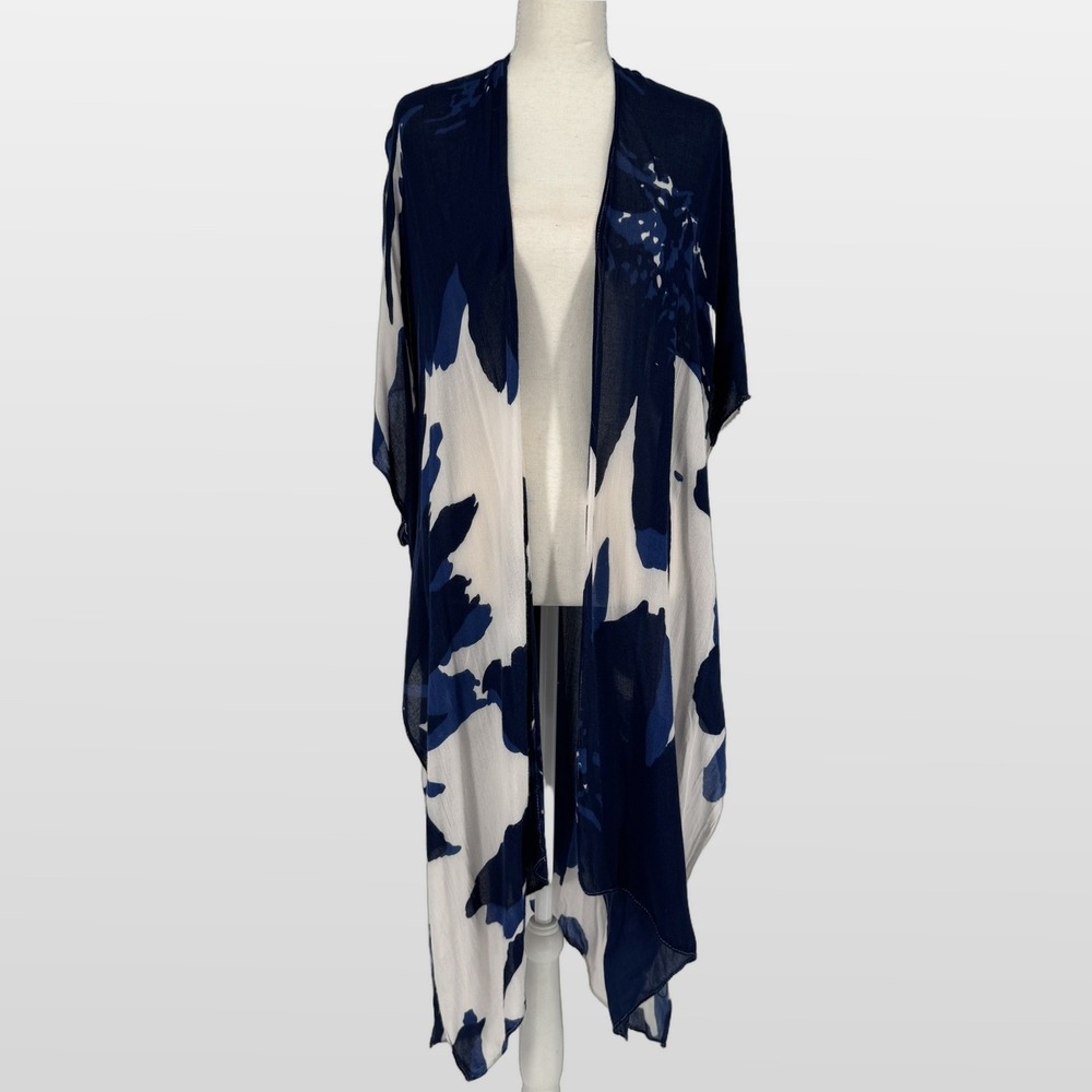Modena Kimono OS Viscose Navy White Floral Coastal Beach Coverup Wrap